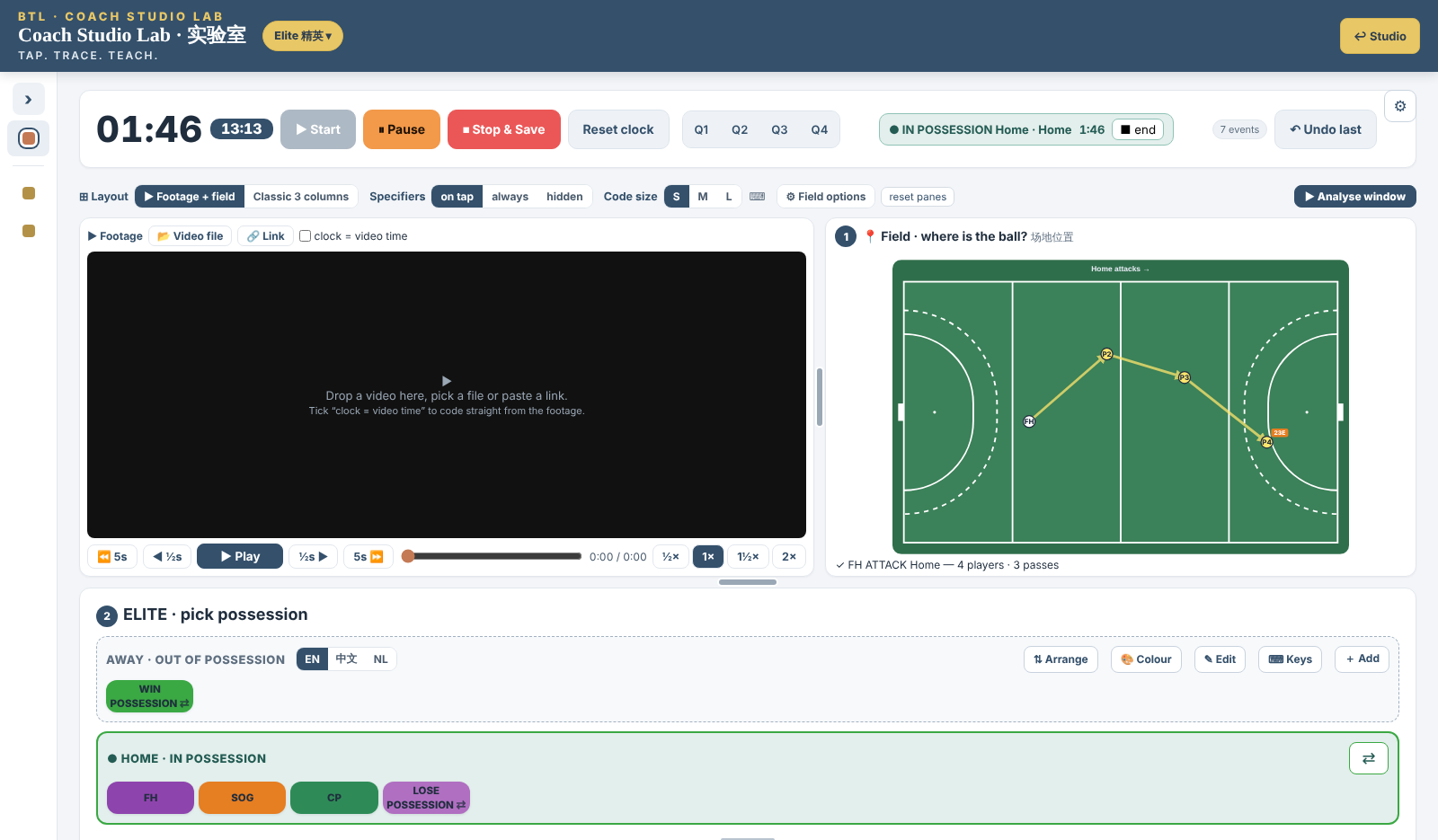 Coding screen with footage, field and game chain